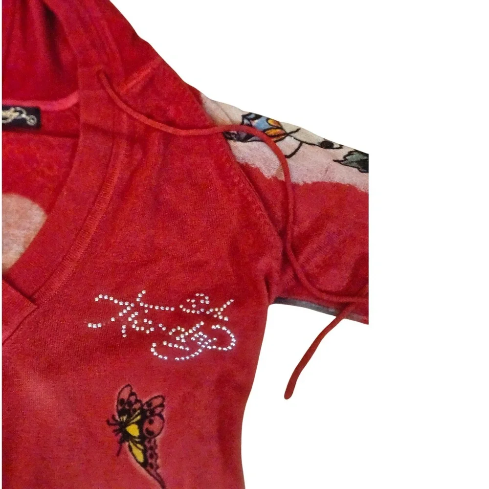 Ed Hardy Red Rhinestone Skull Butterfly Hoodie‎ Dress Size L - Picture 2 of 8
